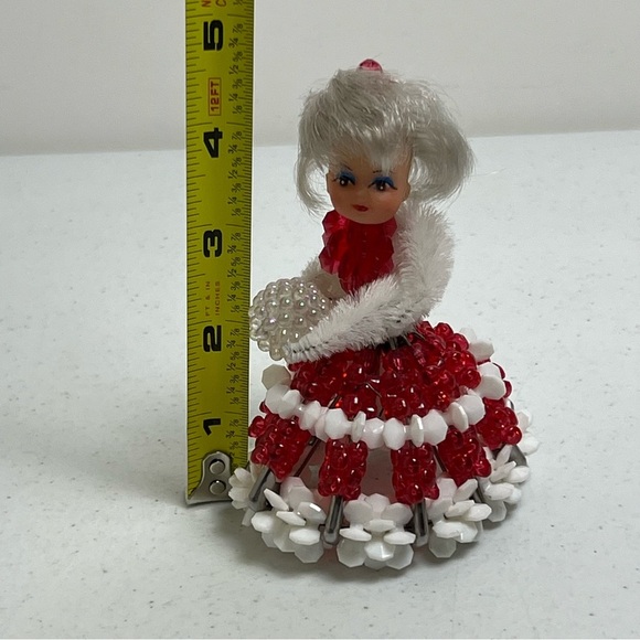 VTG Doll Safety Pin Beaded Red White Dress Hat Girl Lady MCM - Picture 10 of 10
